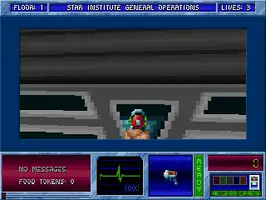 Aliens of Gold running as recompiled native code: Blake walks the Star Institute and trades fire with a Sector Patrol guard